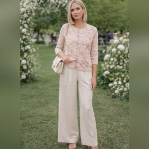 New York & Company Rosette Cardigan Medium Cream Feminine Floral Textured Chic